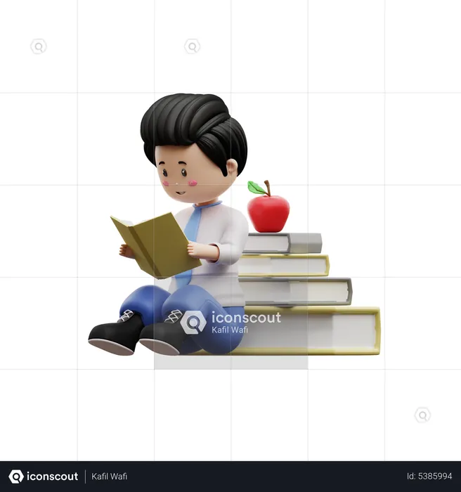 Junge Schüler lesen Buch  3D Illustration