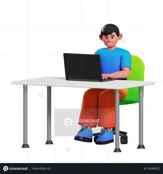 Junge sitzt auf Schreibtisch  3D Illustration