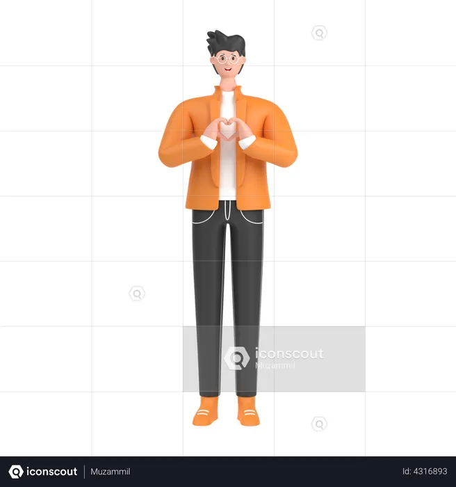Junge zeigt Herz mit seinen beiden Händen  3D Illustration