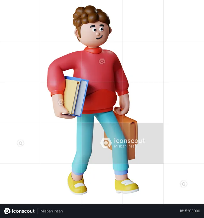Junger Mann zu Fuß mit Bürotasche und Akten in der Hand  3D Illustration
