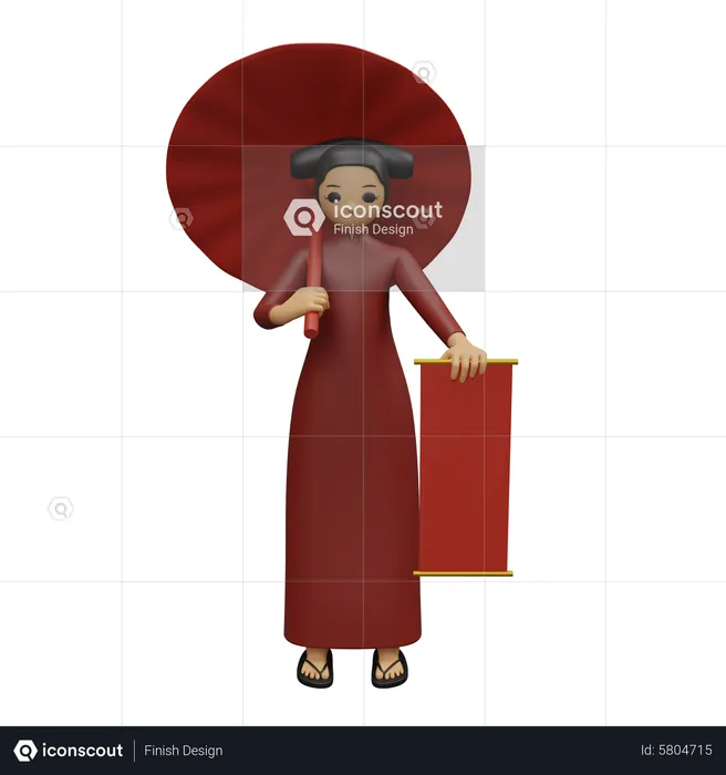 Junges Mädchen mit chinesischem Regenschirm und Banner  3D Illustration