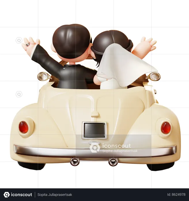 Just Married Couple In Vintage Wedding Car  3D Illustration