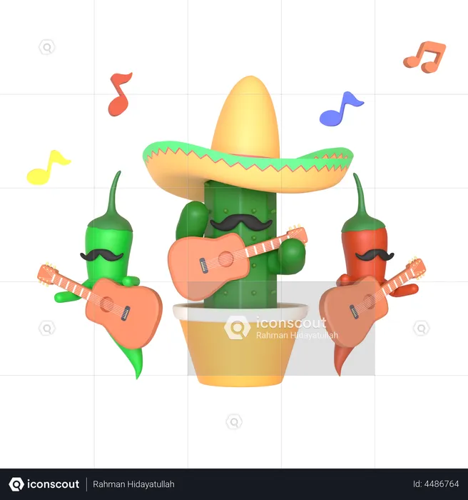 Kaktus und Chili spielen Gitarre  3D Illustration