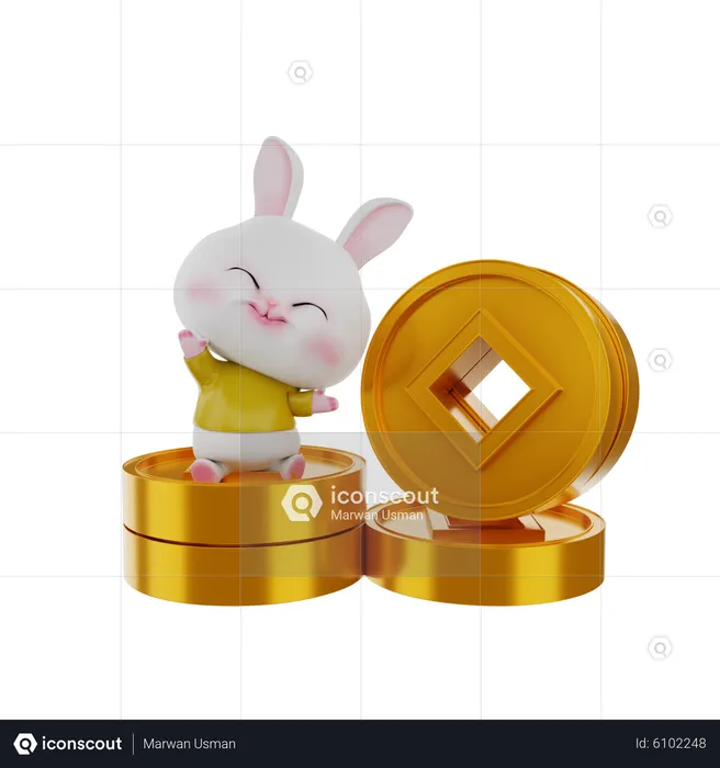 Kaninchen auf chinesischen Münzen  3D Illustration