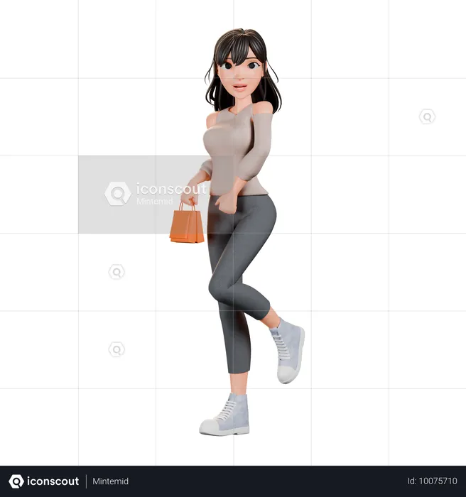 Shopaholic Mädchen geben stehende Pose während Holding Handtasche  3D Illustration