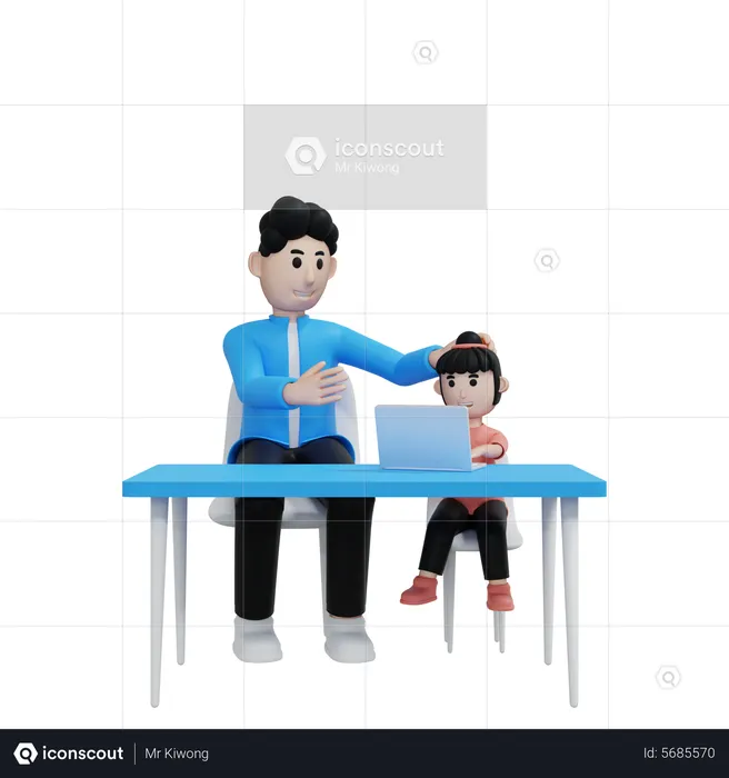 Kid Learning Laptop With Dad  3D Illustration