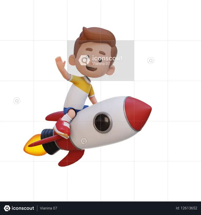 Kid Riding Rocket And Waving Hand  3D Icon