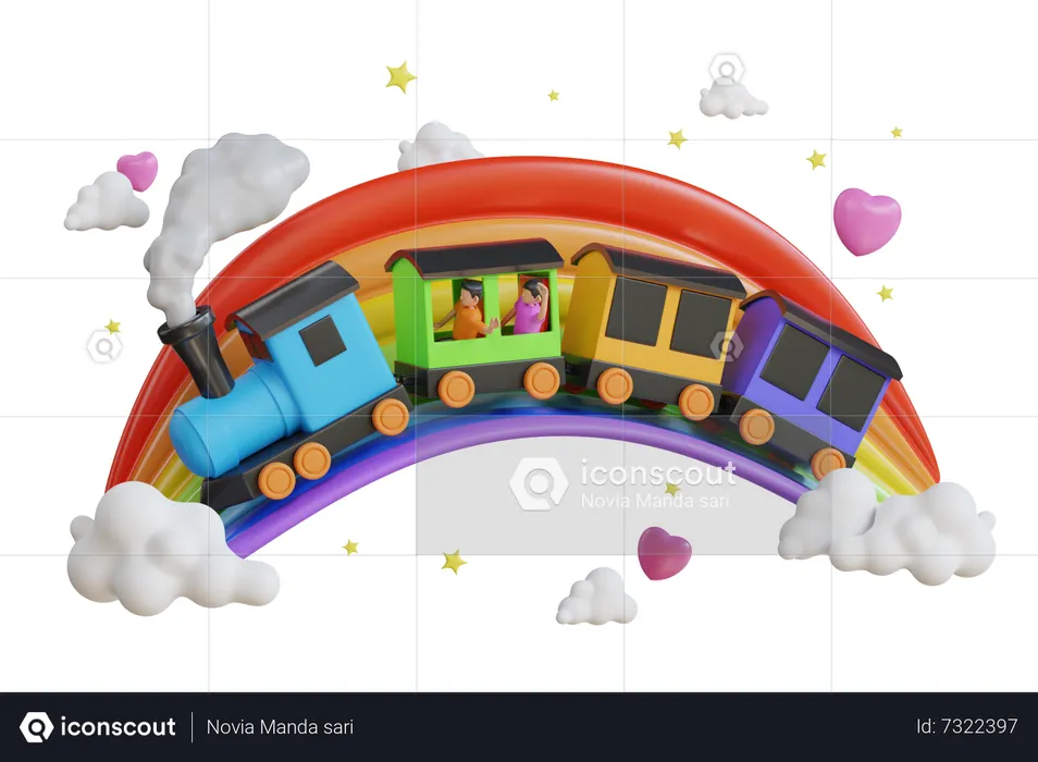 Kids on a Toy Train  3D Illustration