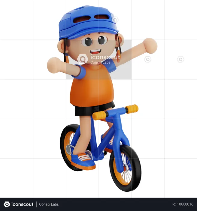 Kleiner Junge glücklich beim Fahrradfahren mit offenen Händen  3D Illustration