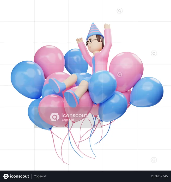 Kleiner Junge sitzt auf Luftballons  3D Illustration