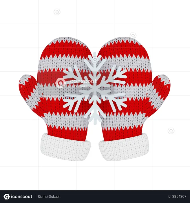 Knitted red mittens hold a snowflake  3D Illustration