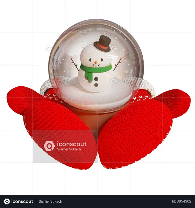 Knitted red mittens hold a souvenir snow globe with a snowman  3D Illustration