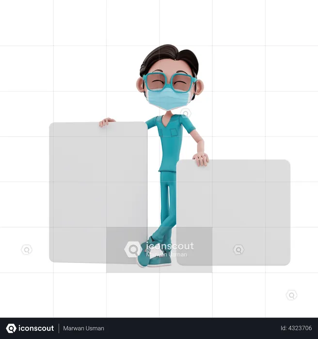 Krankenpfleger steht hinter leerer Tafel  3D Illustration