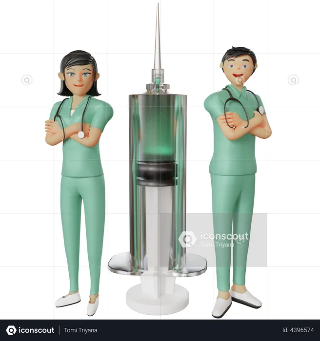 Krankenschwester steht hinter Injektion  3D Illustration