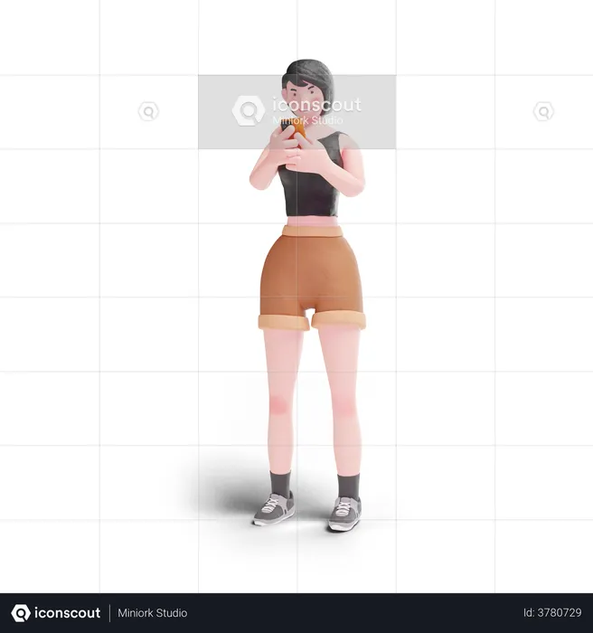Kurzhaariges Mädchen chattet im Smartphone  3D Illustration