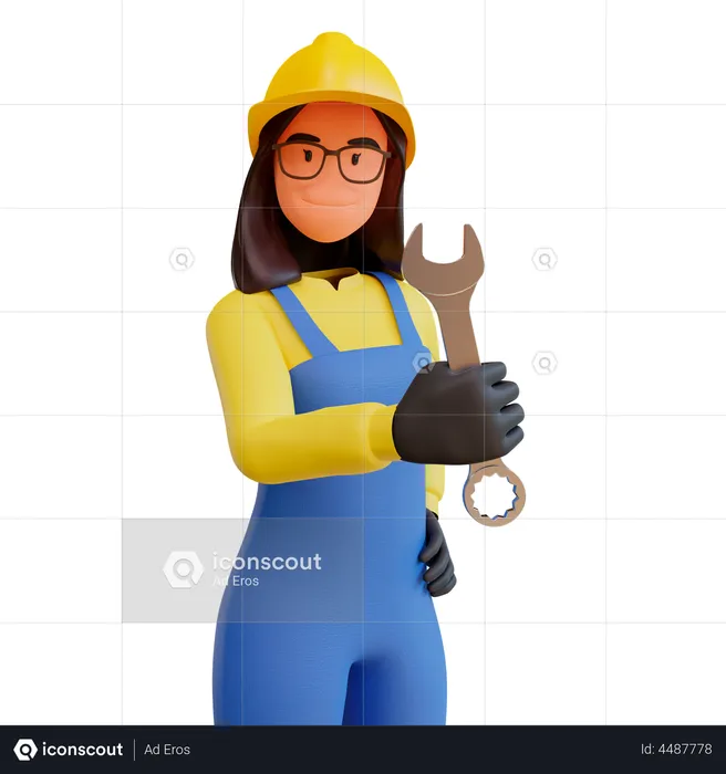 Lady Construction worker holding wrench  3D Illustration