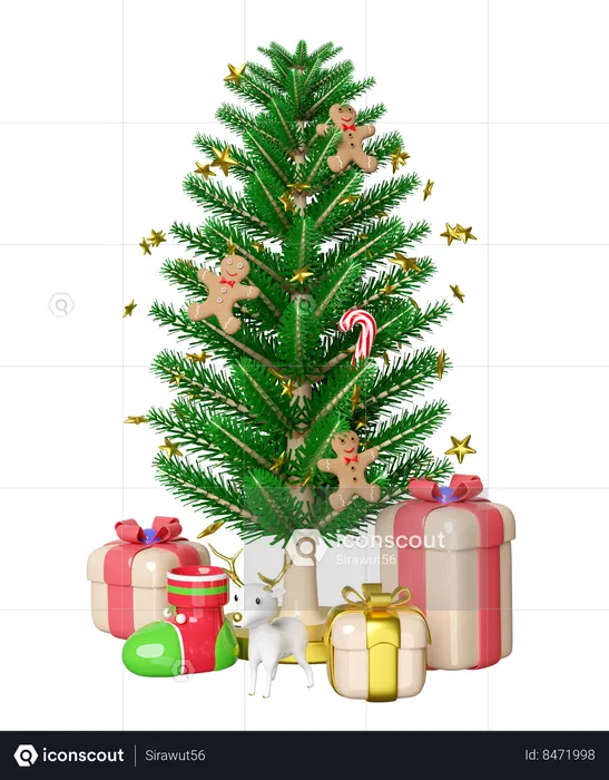 L'arbre de Noël est décoré de pain d'épices et de bâtons de bonbons  3D Illustration