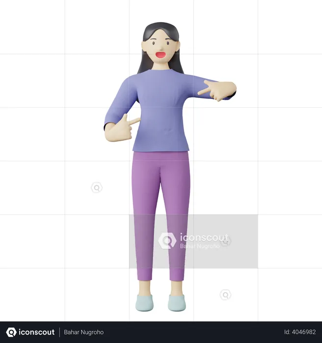 Lässige Frau zeigt mit dem Finger auf die Mitte  3D Illustration