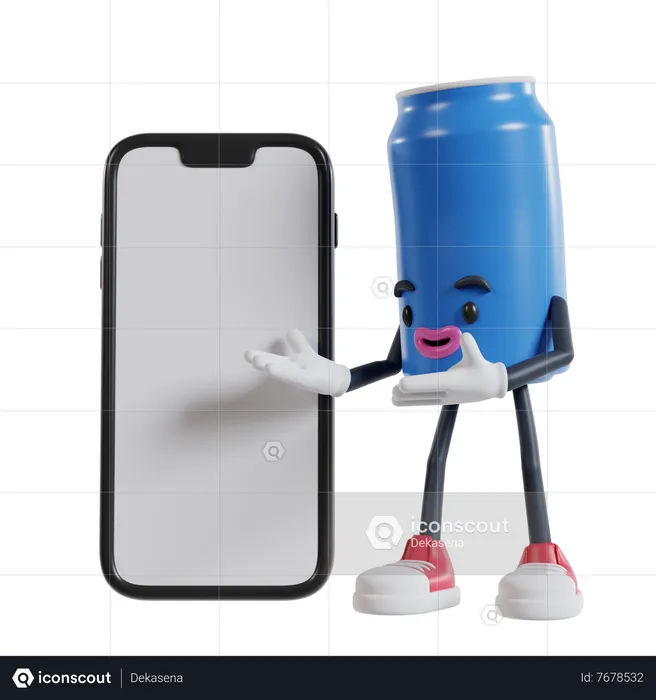 Lata de personagem de refrigerante apresentando um grande celular com ambas as mãos  3D Illustration