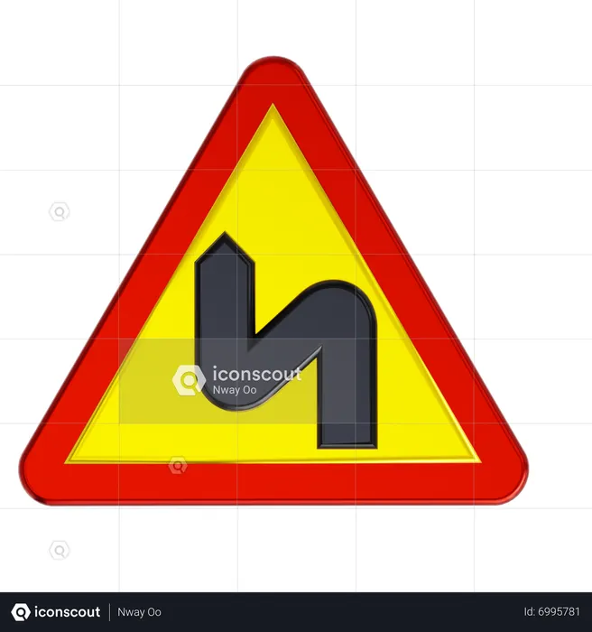 Left Double Bend Road Sign  3D Icon