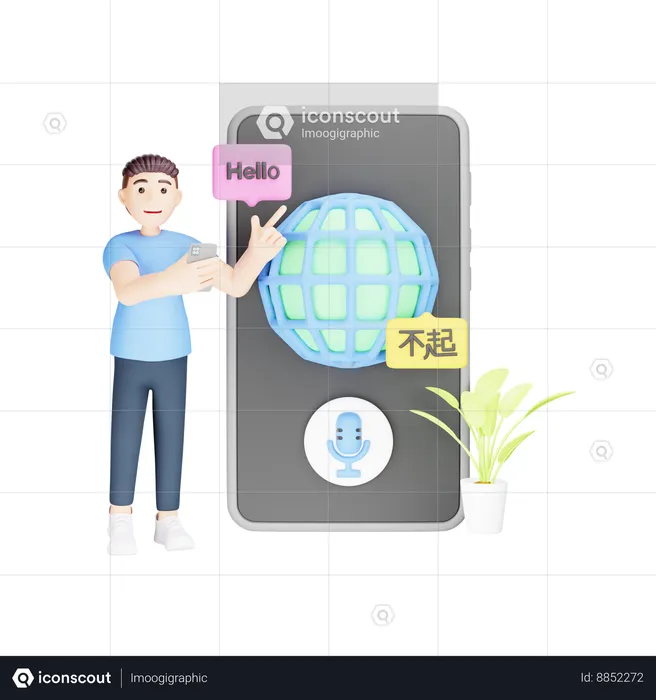 L'homme utilise une application de traduction mobile  3D Illustration