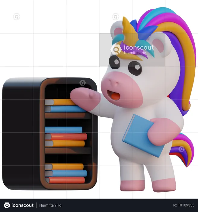 Licorne organiser des livres  3D Illustration