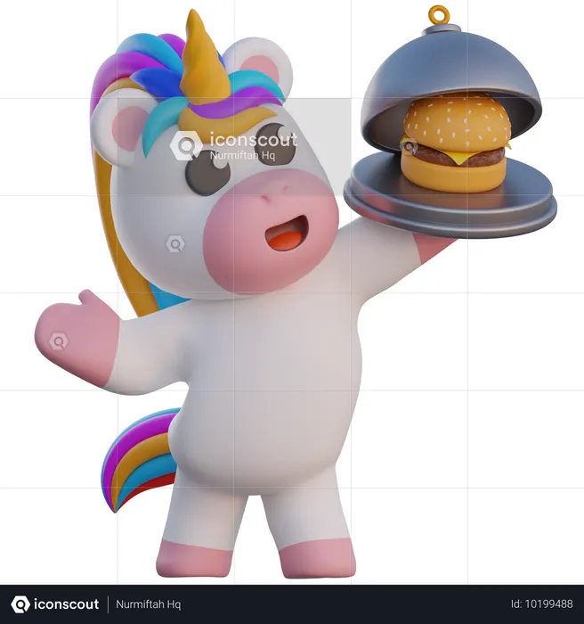 Licorne servant un hamburger  3D Illustration