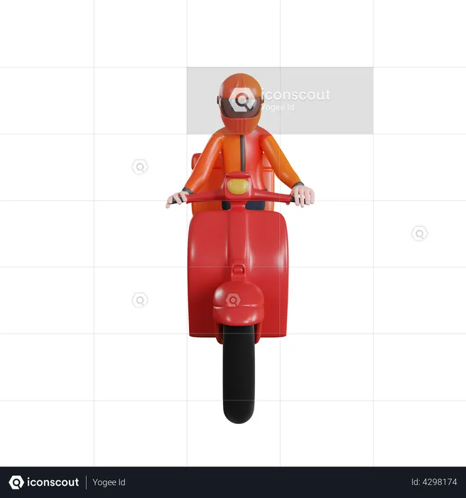 Lieferant trägt Helm und fährt mit Roller zur Lieferung  3D Illustration
