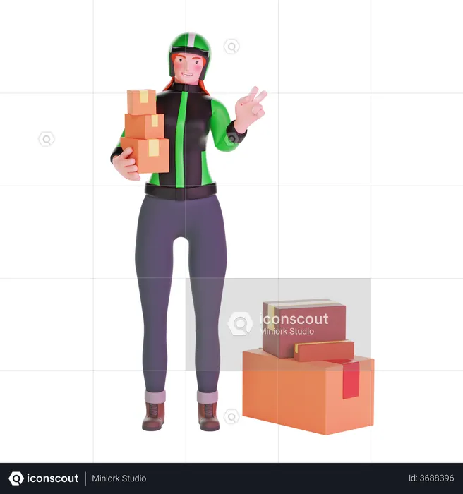 Liefermädchen in Uniform mit Peace-Handzeichen und Kisten tragen  3D Illustration