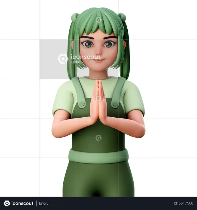 Linda chica con la mano doblada o gesto de mano Namaste  3D Illustration