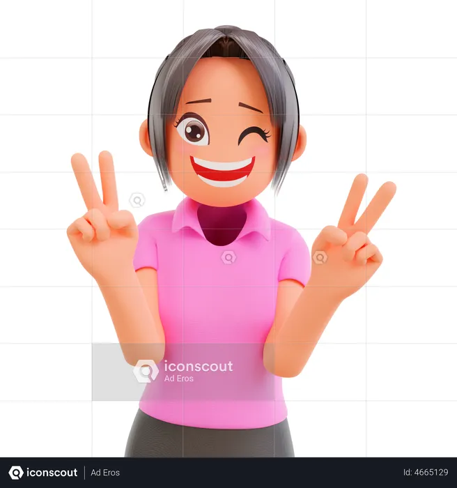 Linda chica divertida mostrando el signo de la victoria  3D Illustration