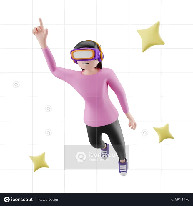 Linda chica volando en el aire y disfrutando de la tecnología avanzada  3D Illustration