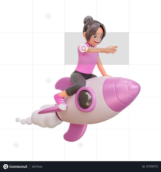 Linda chica volando en un cohete y apuntando  3D Illustration