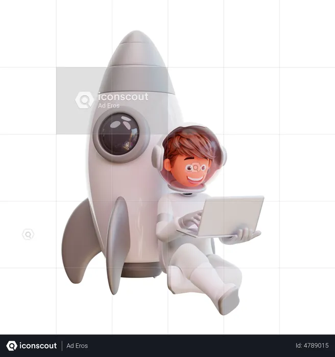 Lindo astronauta sentado y trabajando en la computadora portátil  3D Illustration