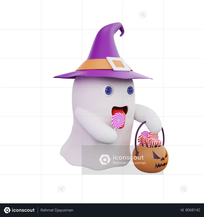 Lindo fantasma con canasta de calabazas  3D Illustration