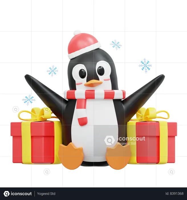 Lindo pingüino sentado con caja de regalo  3D Illustration