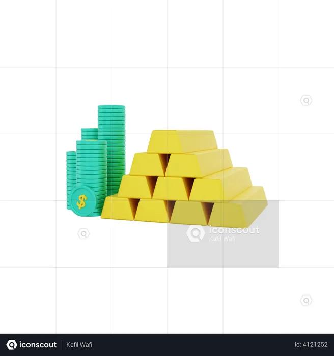 Lingotes de oro con montón de monedas de un dólar  3D Illustration