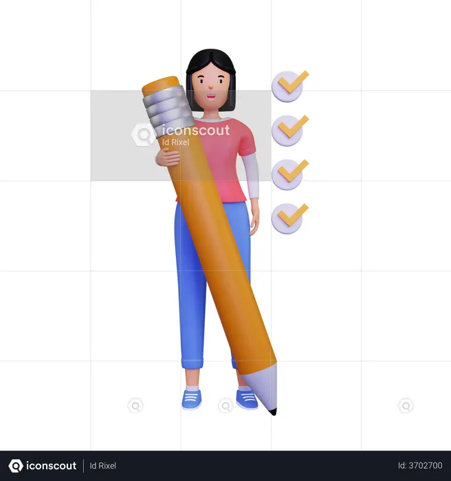 Femme faisant une coche sur la case à cocher avec un crayon  3D Icon