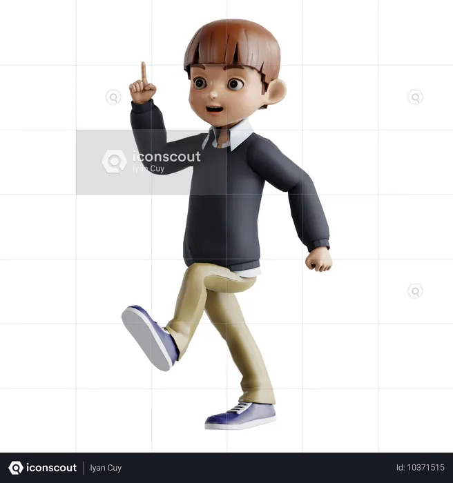 Little Boy Walking While Pointing Up  3D Illustration