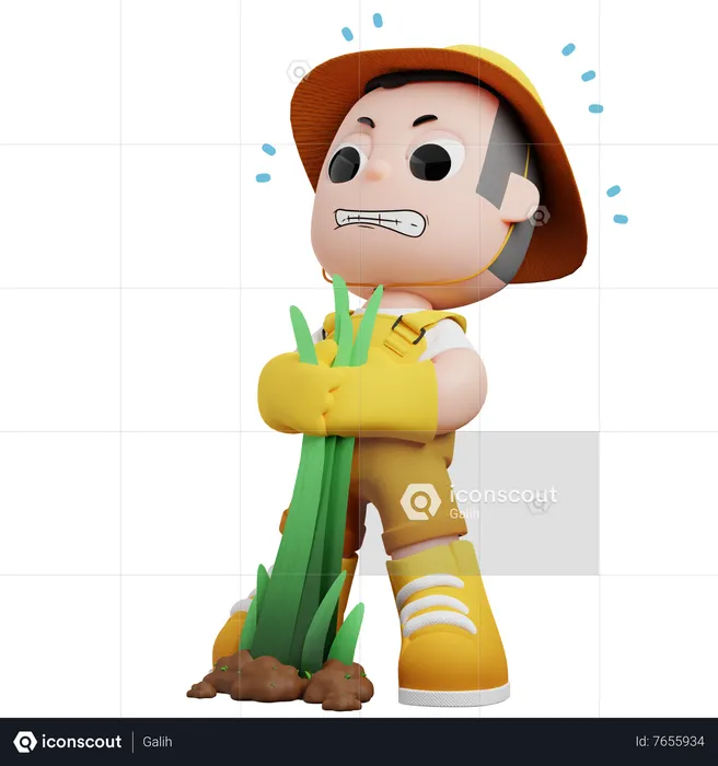 Little Gardener Pulling Long Grass  3D Illustration