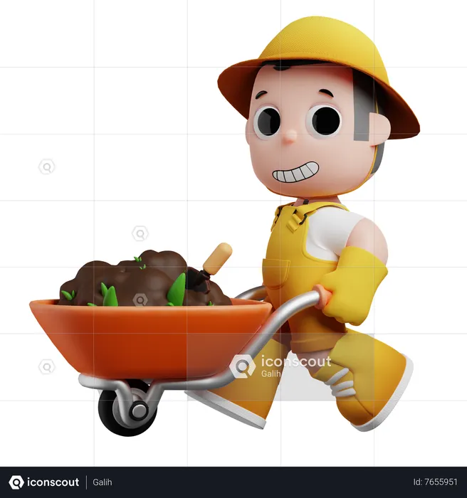 Little Gardener Pushing Wheelbarrow  3D Illustration
