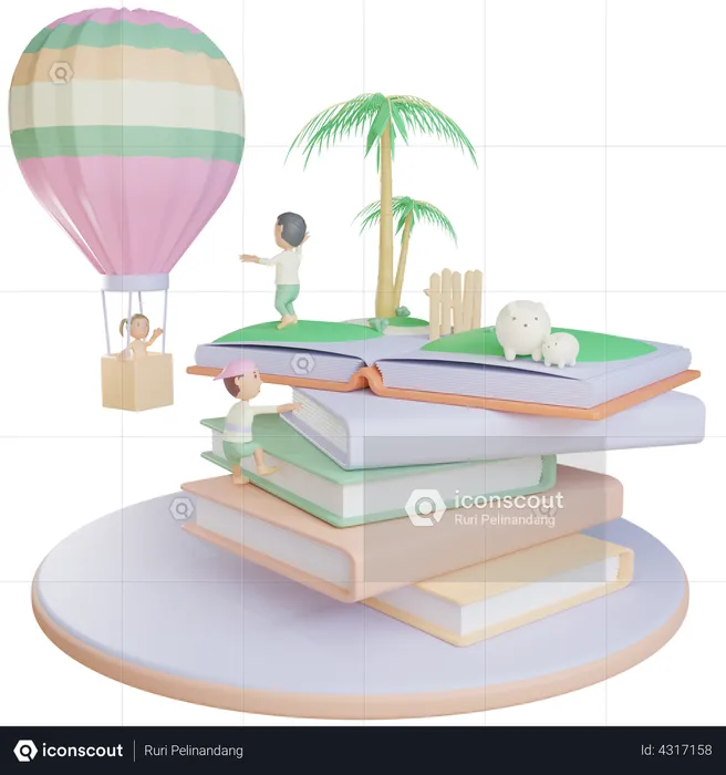 Little girl in hot air balloon while other kids playing  3D Illustration