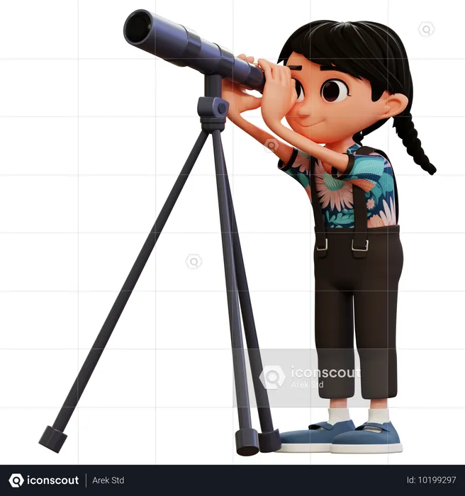 Little Girl Looking At Sky With Telescope  3D Illustration