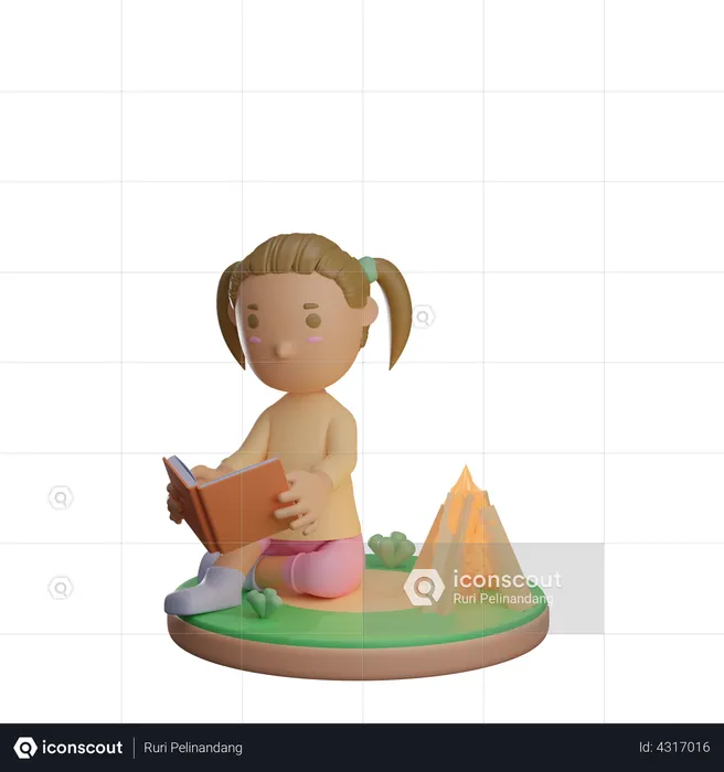 Little girl reading book near bonfire  3D Illustration