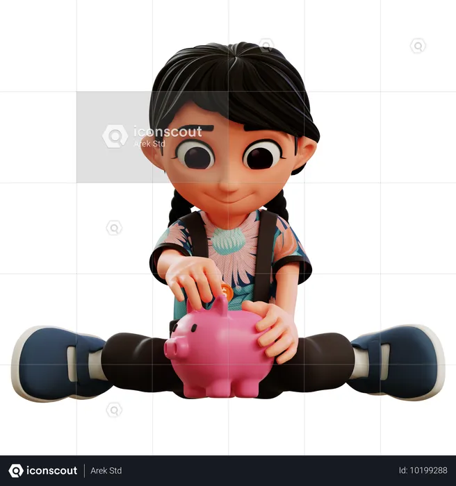 Little Girl Saving Money In Piggy Bank  3D Illustration