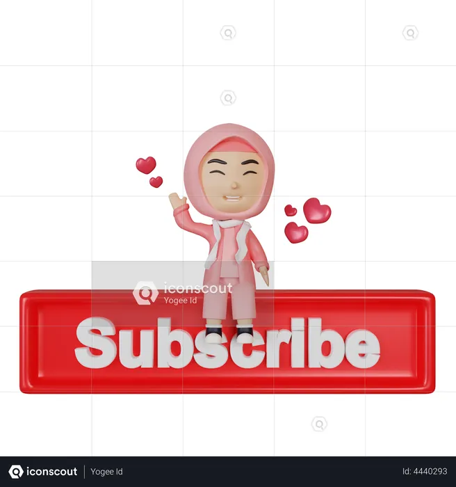 Little girl with subscribe button  3D Illustration
