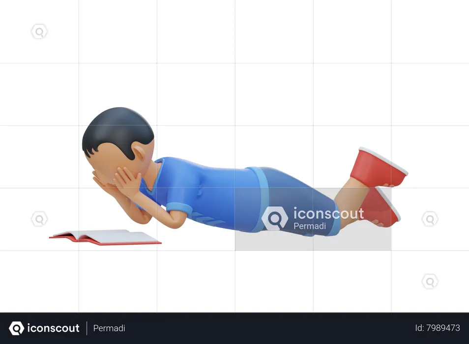 Little kid lay down and read book  3D Illustration