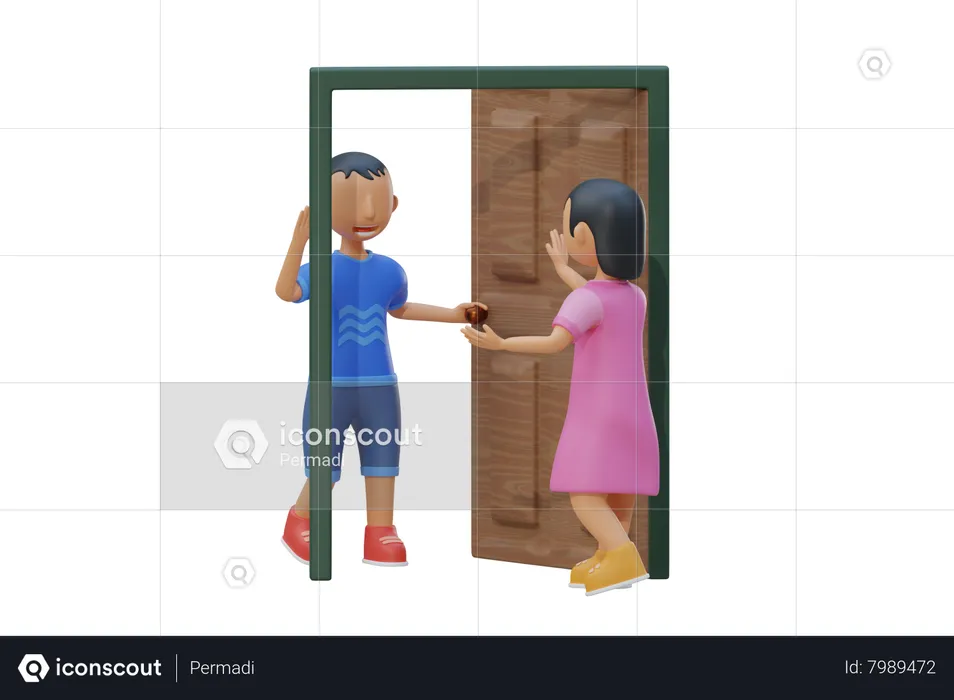 Little kid open the door for friend  3D Illustration