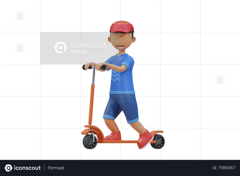 Little kid ride scooter and wear helmet  3D Illustration
