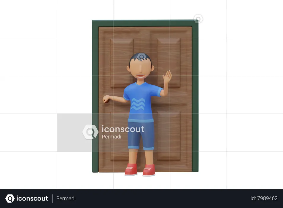 Little kid standing and holding door knob  3D Illustration